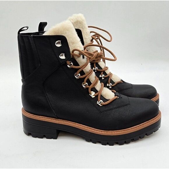 Faux Leather & Fur Black Lace-Up Ankle Boots W Chunky Lug style chunky Heel Y2K - Picture 1 of 11